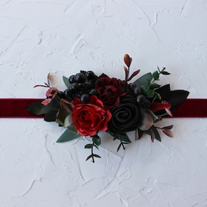Gothic Hochzeit Schärpe Gürtel, Bordeaux Braut schärpe, Blumen Mädchen Gürtel