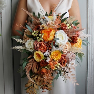 Rust terracota orange wedding bouquet, Cascading bouquet, Fall wedding bouquet