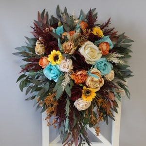 Rust fall bridal bouquet, light blue and ivory cascading wedding bouquet, burgundy bouquet, faux flowers, silk flower