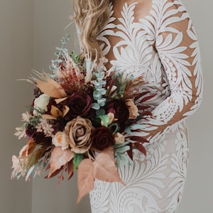 Boho bridal bouquet, Taupe tan ivory burgundy bouquet, Winter wedding bouquet