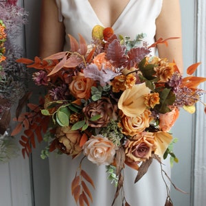 Rust orange brown bouquet, Boho bridal bouquet, Fall wedding bouquet