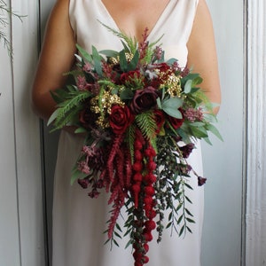 Emerald green burgundy wedding bouquet, Cascading bouquet, Fall wedding bouquet, Winter bouquet