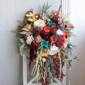 Light rust ivory burgundy teal wedding bouquet, Cascading bouquet, Fall wedding bouquet