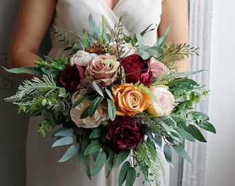 Taupe tan ivory orange burgundy bouquet, Winter wedding bouquet, Boho bridal bouquet