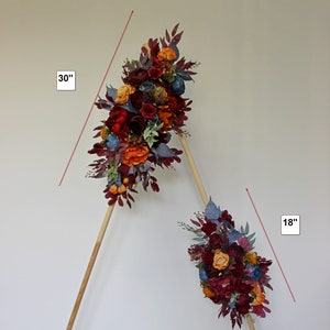 Burnt orange navy burgundy arch flowers, Fall wedding flower arch, Wedding arch swag