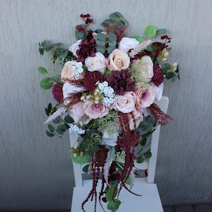 Burgundy blush wedding bouquet, Cascading bouquet, Fall wedding bouquet