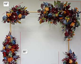 Fall wedding flower arch, Burnt orange navy burgundy arch flowers, Wedding arch swag