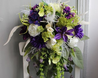 Cascading bridal bouquet, Green ivory purple bouquet, Silk flower bouquet