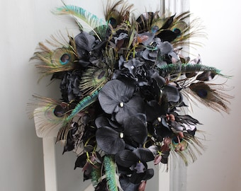 Black bouquet, Gothic wedding bouquet, Halloween wedding bouquet, Peacock bouquet