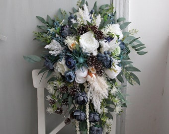 Winter wedding bouquet, Navy ivory wedding bouquet with pines, Silk flower bouquet