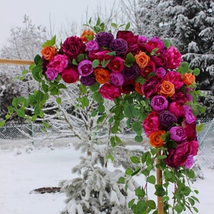 Purple pink orange arch swag, Wedding arbor decor, Colorful wedding flowers