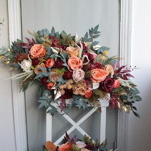 Light rust burgundy arch flowers, Fall wedding arch swag, Floral arbor decor