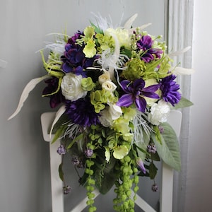 Cascading bridal bouquet, Green ivory purple bouquet, Silk flower bouquet