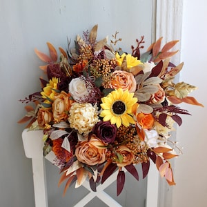 Fall wedding bouquet, Orange burgundy ivory neutral bouquet, Boho bridal bouquet
