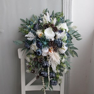 Winter wedding bouquet, Navy ivory wedding bouquet with pines, Silk flower bouquet