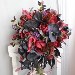 Gothic wedding bouquet, Black burgundy bouquet, Halloween wedding cascading bouquet