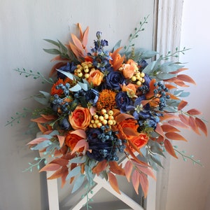 Navy orange wedding bouquet, Bridal silk flower bouquet, Fall wedding bouquet