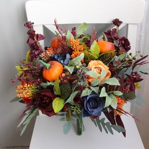 Burgundy navy orange wedding bouquet with pumpkins, Fall wedding bouquet, Bridal silk flower bouquet