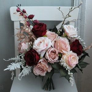 Tan burgundy bouquet, Silk flower bouquet, Boho wedding bouquet