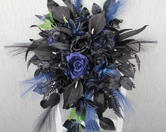 Navy black wedding bouquet, Gothic wedding bouquet, Moody wedding flowers, Calla lily rose bouquet