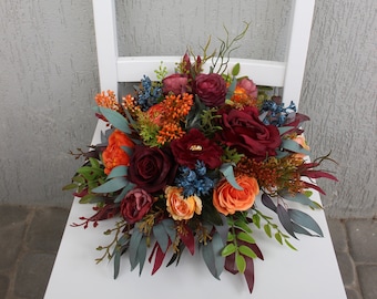 Burnt orange burgundy centerpiece, Table bouquet with blueberries, Silk flower table decor, Fall wedding flowers