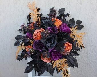 Ramo de óxido negro y morado, ramo de novia gótico, ramo de novia de Halloween