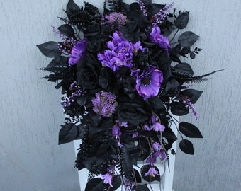 Purple black wedding bouquet, cascading bridal bouquet, dark bouquet, gothic wedding decor, silk flower bouquet