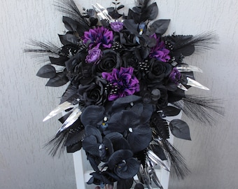 Purple black silver bouquet, Gothic wedding bouquet, Halloween wedding bouquet