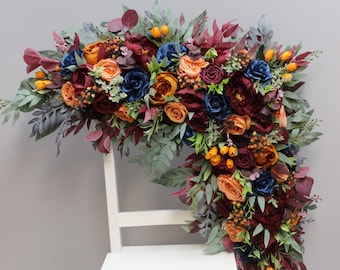 Burnt orange navy burgundy arch flowers, Fall wedding flower arch, Wedding arch swag