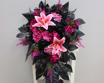 Fuchsia Black Bouquet, Gothic Wedding Bouquet, Cascading Hot Pink