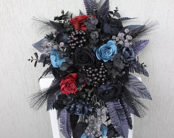 Black burgundy teal bouquet, Gothic wedding bouquet, Moody wedding bouquet