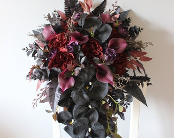 Halloween wedding bouquet, Black burgundy bouquet, Gothic wedding bouquet