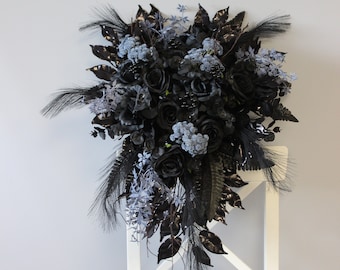 Gothic wedding bouquet, Black dusty blue bouquet, Moody wedding bouquet