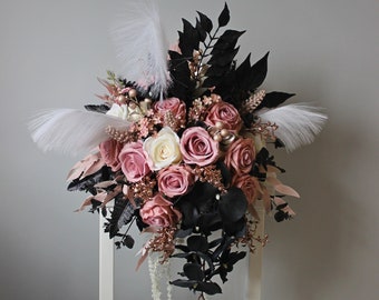 Rose gold black bouquet, Gothic wedding bouquet, Cascading wedding bouquet