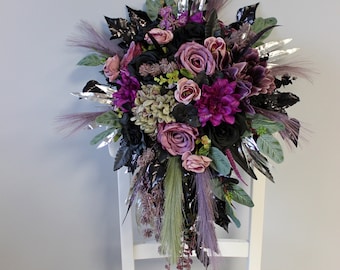 Purple black sage bouquet, Gothic wedding bouquet, Moody bouquet, Cascading bouquet