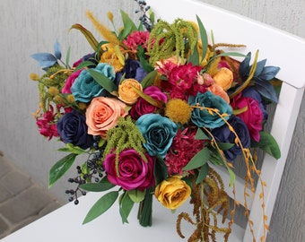 Jewel-tone bouquet, Teal fuchsia navy yellow bouquet, Colorful wedding bouquet