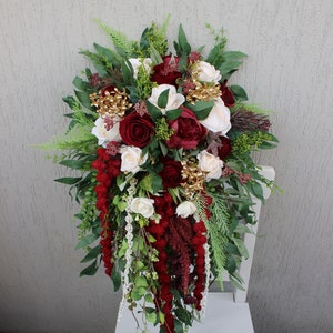 Deep green ivory burgundy wedding bouquet, Cascading bouquet, Fall wedding bouquet