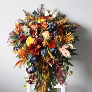 Orange rust burgundy navy bouquet, Fall wedding bouquet, Boho bridal bouquet