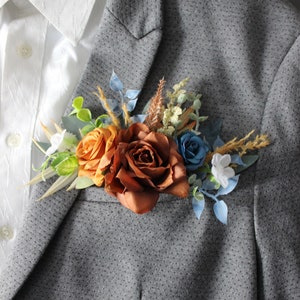 Rust navy pocket boutonniere, Fall wedding pocket square, Rust buttonhole