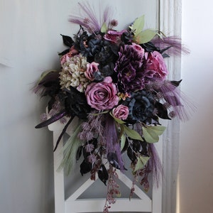 Dusty purple black bouquet, Gothic wedding bouquet, Moody bouquet, Cascading mauve sage black bouquet