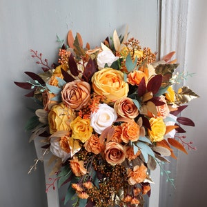 Deep yellow orange burgundy bouquet, Fall wedding bouquet, Cascading bridal bouquet