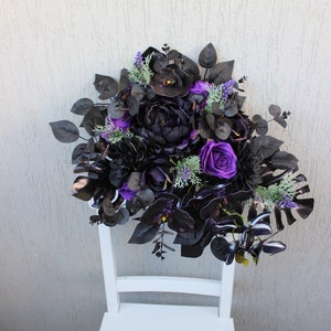 Black purple bridal bouquet, gothic wedding bouquet, cascading wedding bouquet, wedding flowers, gothic wedding decor