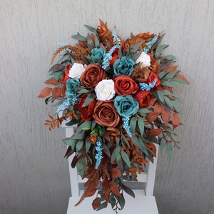 Dark teal rust brown wedding bouquet, Cascading bouquet, Fall wedding bouquet