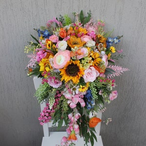 Orange pink sunflower bouquet, Colorful wedding bouquet, Wildflower bouquet