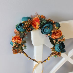 Teal orange flower crown, Fall wedding headpiece, Flower girl crown