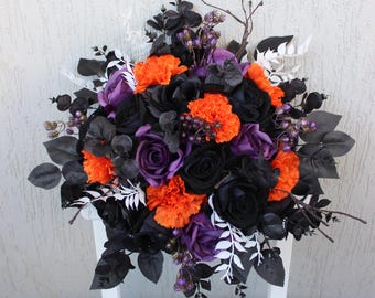 Ramo negro, morado, naranja y blanco, ramo de novia gótico, ramo de novia de Halloween
