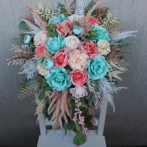 Teal coral wedding bouquet, Cascading bouquet, Colorful wedding bouquet, Summer Spring wedding flowers