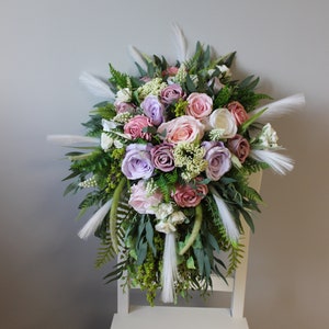 White pink purple wedding bouquet, Cascading bouquet, Pampas wedding bouquet