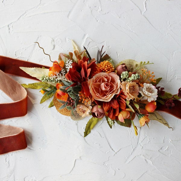 Rust orange bridal sash, Fall wedding sash belt, Flower girl belt