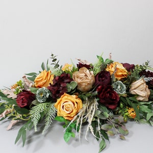 Fall wedding table centerpiece, Burnt orange burgundy table arrangement, Moody wedding flowers